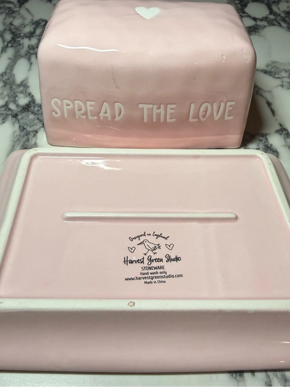 Harvest Green Studio Pink Ceramic Butter Dish Spread The Love Heart Stoneware